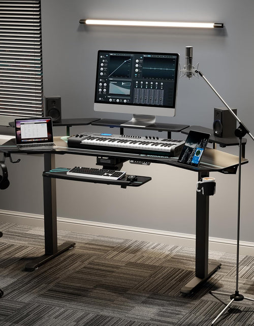 Load image into Gallery viewer, Gaming Desk, Standing Desk Keyboard Tray, 72&quot; Wing Shaped Music Studio Desk Electric Adjustable Height Desk Sit Stand Desk with LED Shelves, Gaming Recording Live Stream, Slot Design
